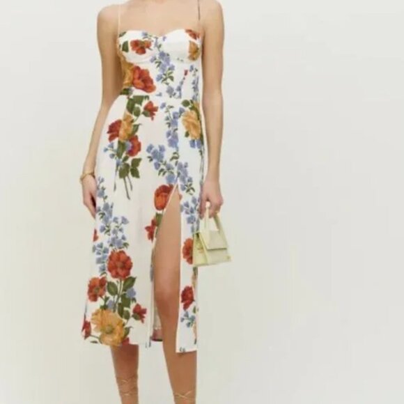Reformation Juliette Dress in Formosa White Yellow Red Blue Floral Midi - Picture 2 of 8